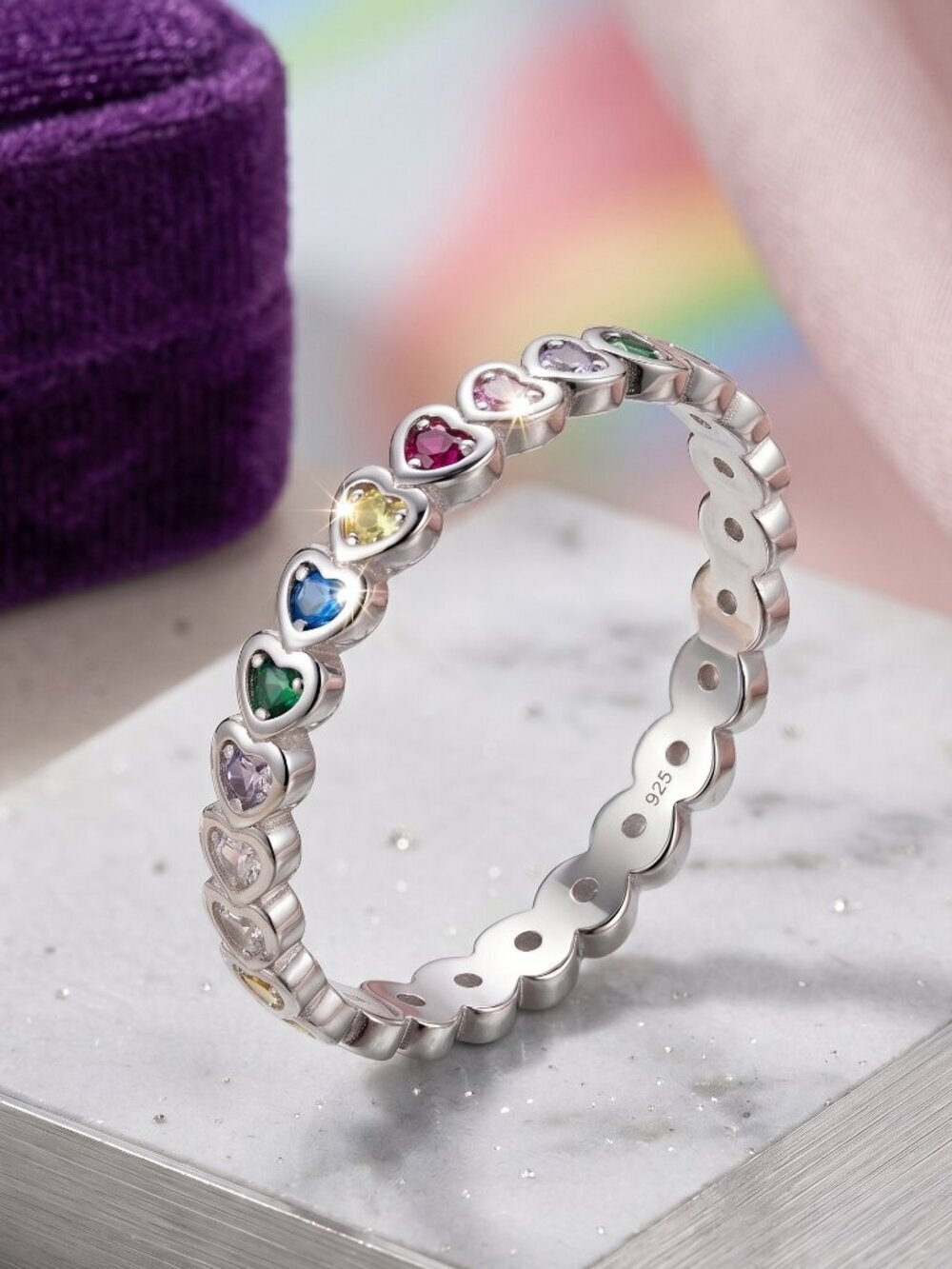 Rainbow Heart CZ Eternity Band Ring Y2K Coquette S925 Sterling Silver Sz 7.5